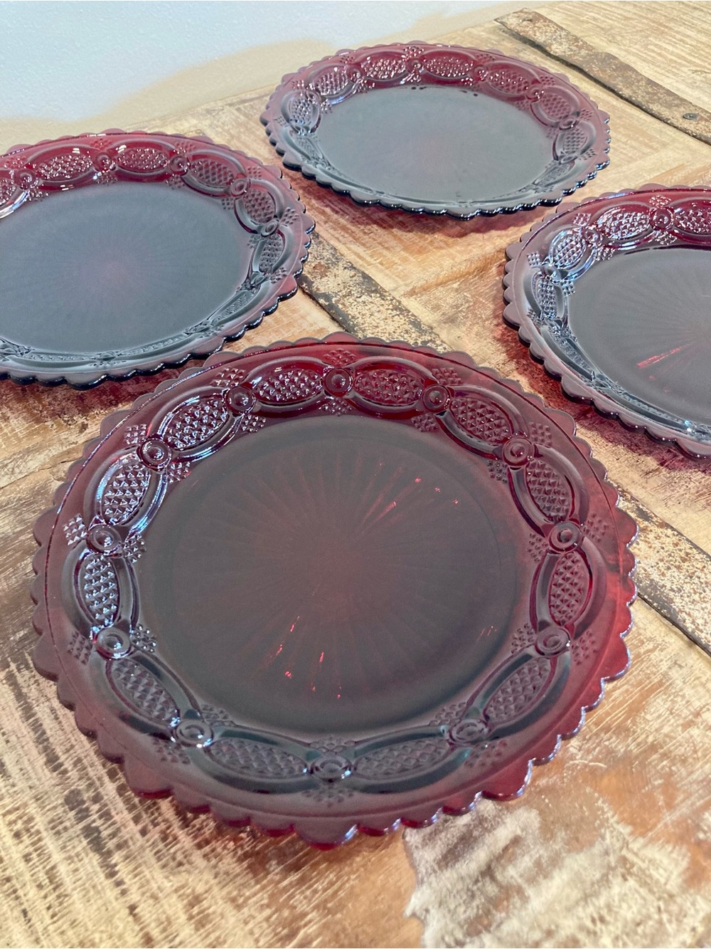 4 Avon Ruby Red Glass Luncheon Salad Dessert Plates 1876 Cape Cod Sunburst Back - Picture 5 of 16